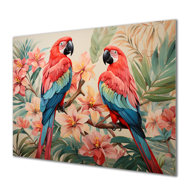 Fleurs tropicales roses et bleues, art mural perroquet en métal, H 30 po x l 40 po x P 1,5 po