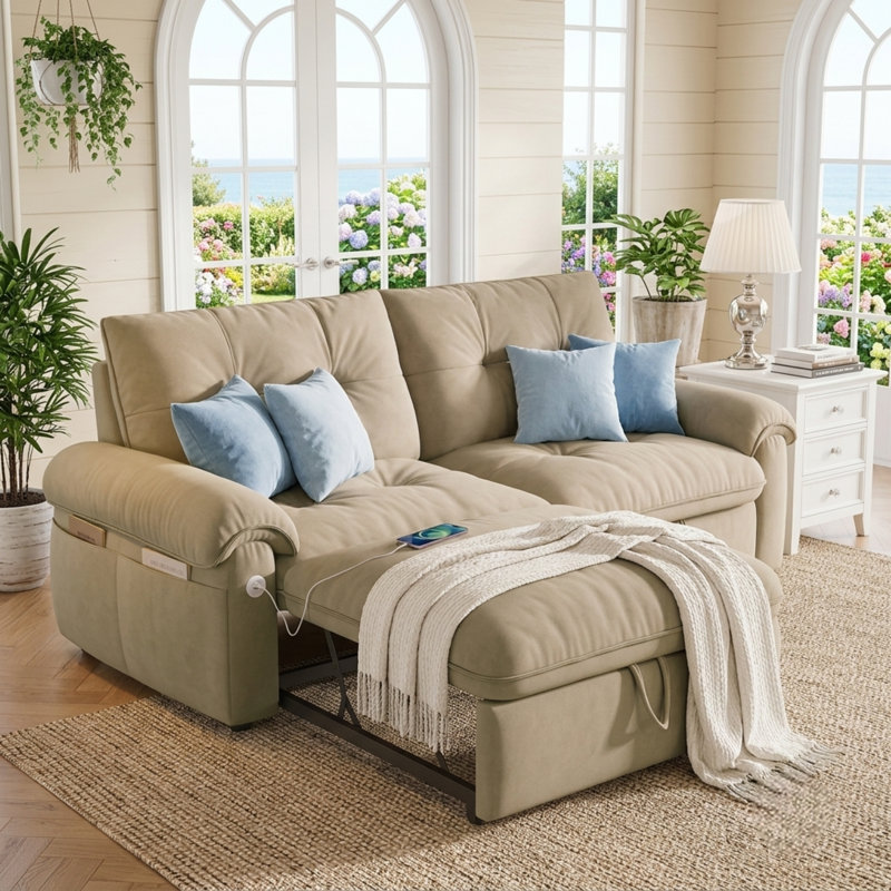 Canapé-lit convertible de 77 pouces avec ports de charge USB, canapé-lit escamotable 2 en 1 pour petits espaces, Brown