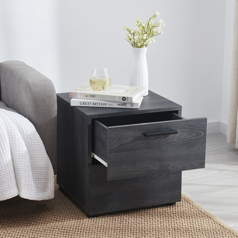 Nestl Wooden Nightstand with 2 Drawers, Black, 1