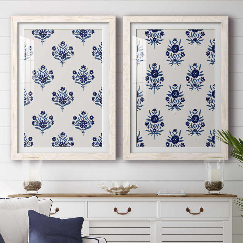 Motif de fleurs indigo I-Premium, reproduction encadrée - prête à être accrochée, Cadre blanc, H 36,5 po x l 53 po x P 1,5 po