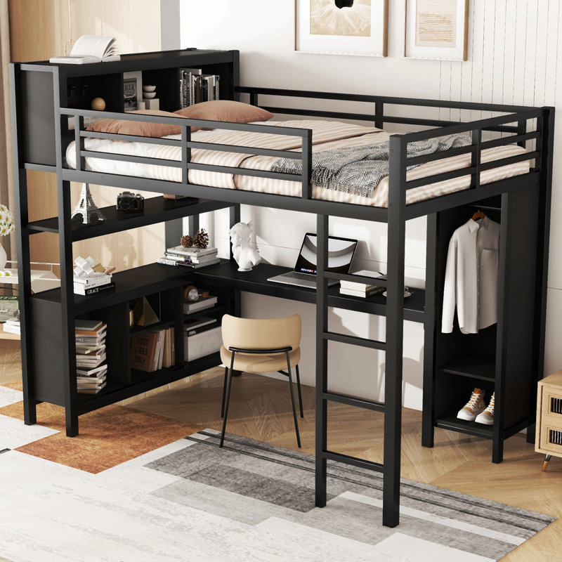 Metal Loft Bed With Wardrobe And L-Shaped Desk, Full Size Loft Bed With Storage Cubes And Shelves, Heavy Duty Loft Bed For Kids Teens Adults