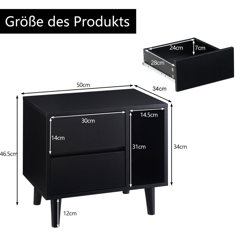 Prestyn 50cm W Solid + Manufactured Wood Bedside Table, Black