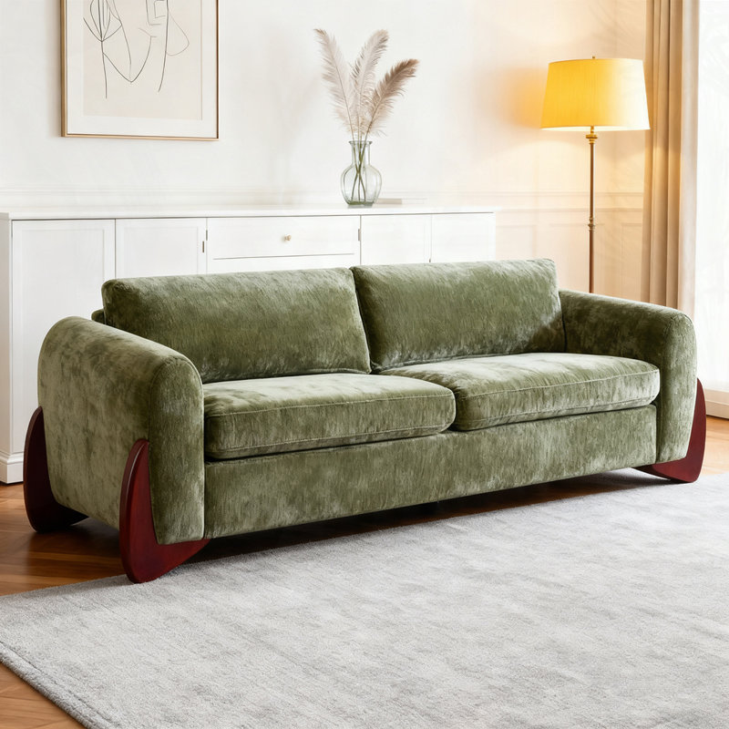 Marcel Modern Chenille Upholstered 3-Seater Sofa With Wooden Legs, Olive Green