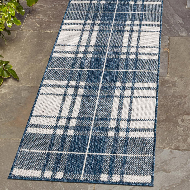 Tereon Plaid Machine Made Power Loom Polypropylene Plastic Indoor/Outdoor Area Rug in Blue/White, Runner 2' x 8'