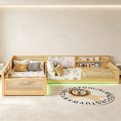 Structure de lit simple en L pour 2 enfants, lits convertibles détachables avec tableaux blancs, lit pour enfants en rotin avec étagères et lumières