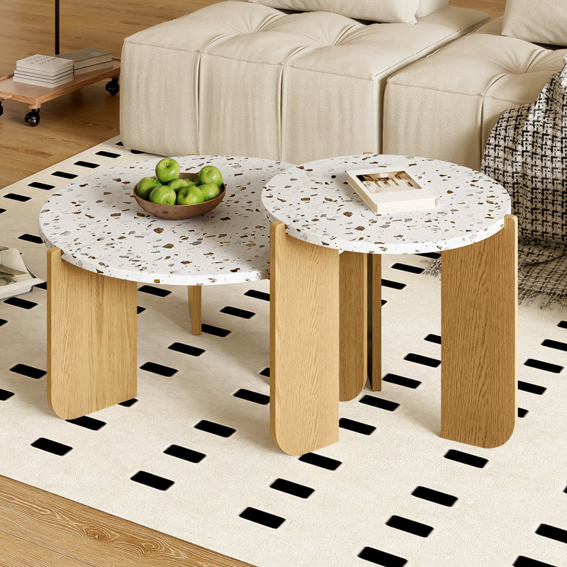 Round Nesting Coffee Table Set Pattern Top Side End Units Accent Settee Tea Desk Living Room Lounge Base, White & Wood