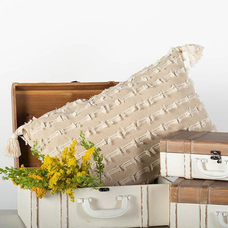 Beige Patterned Rectangular With Tassels Cushion Cover