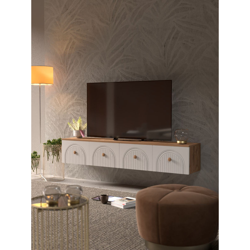 Meuble télé moderne avec option de fixation murale, pin atlantique et blanc, 70,9 po x 12,6 po x 19,7 po | Panneau de particules 100% mélaminé, épaisseur: 0,7 pouce | Nombreuses tablettes pour le rangement organisé, conception géométrique élégante