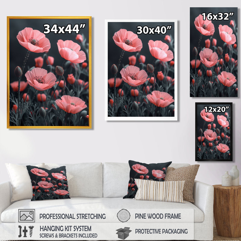 Rose, gris, vent, coquelicots, jardin I - coquelicots, décoration murale, Toile encadrée noire simple