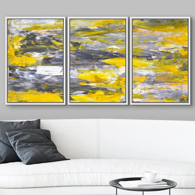 Gris et jaune, coups de pinceau grunge, formes abstraites, art moderne chic ultra sur toile, 3 pièces, Cadre flottant blanc