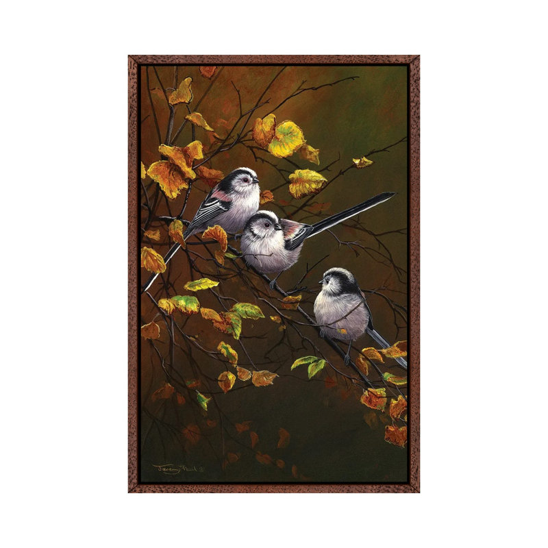Long Tailed Tits - Autumn by Jeremy Paul - Painting on Canvas, 101.6 cm H x 66.04 cm W, Classic Brown Wood Framed