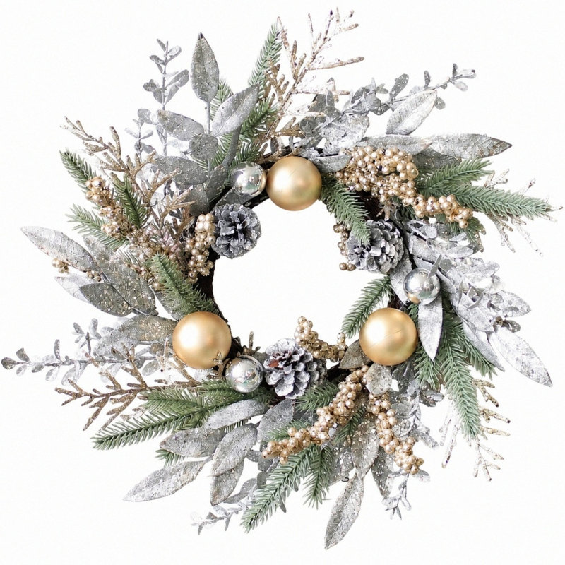 Holiday Front Door Wreath with Golden & Silver Ornaments, Pinecones and Frosted Evergreen Branches