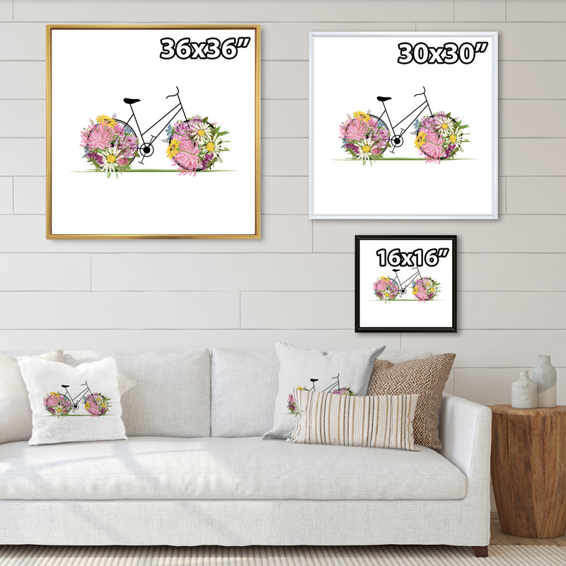 Illustration florale de vélo III - sur, H 36 po x l 36 po x P 1,5 po, Toile naturelle avec cadre flottant