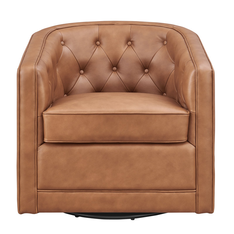 30" Tufted Top Grain Leather Swivel Barrel Chair, Caramel