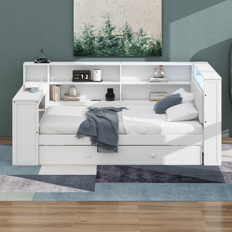 Wood Full Size Platform Bed With Trundle, LED, Desk, White+Beige