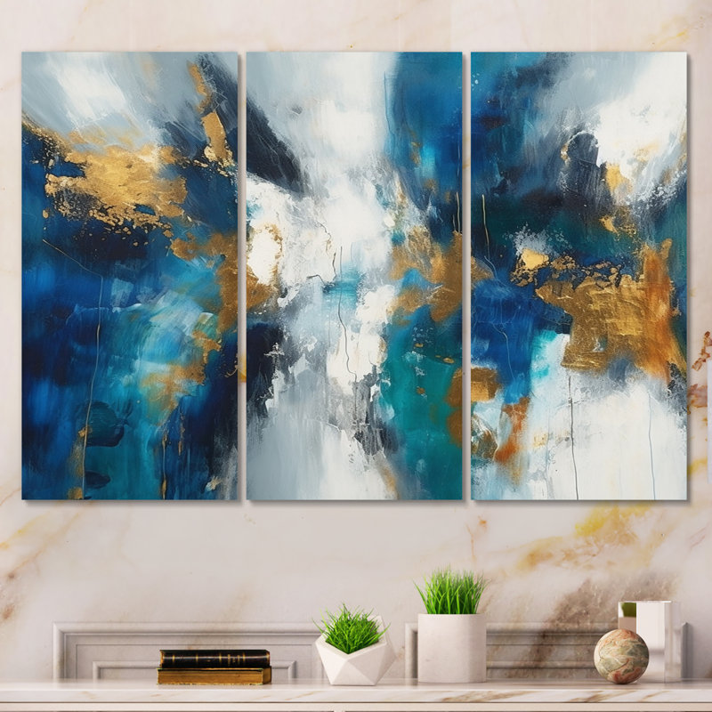 Abstrait à savoir profond en bleu royal et or IV 3 pièces, H 28 po x l 36 po x P 1 po