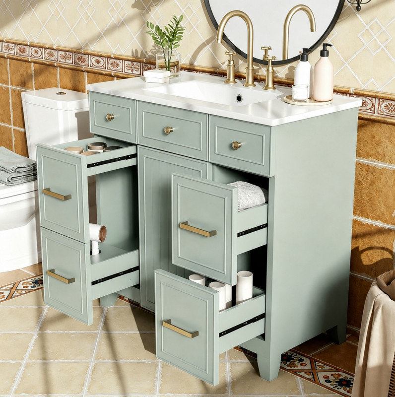 Meuble-lavabo vert de 91 cm (36 po) avec lavabo en céramique, structure robuste en bois massif, portes d'armoire à fermeture amortie, étagères intérieures réglables, 3 tiroirs de rangement dont un tiroir à double profondeur pour sèche-cheveux.