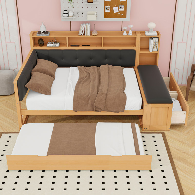 Lit de jour double en bois avec lit gigogne, rangement intégré et ports de charge USB, Naturel noir