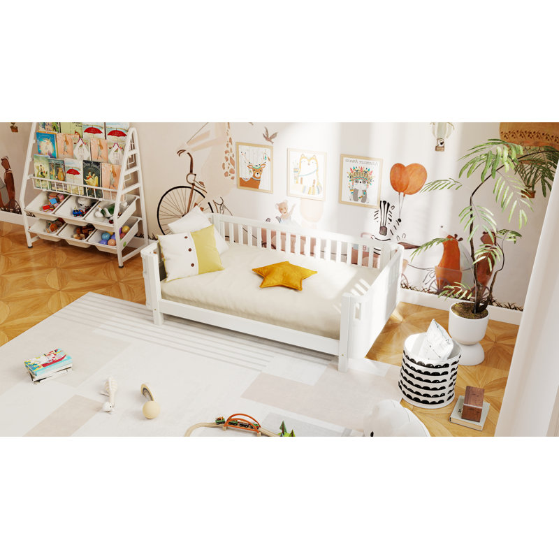 Lit plateforme double en bois pour enfants, lit simple en bois à profil bas avec garde-corps (matelas non inclus), Lit double