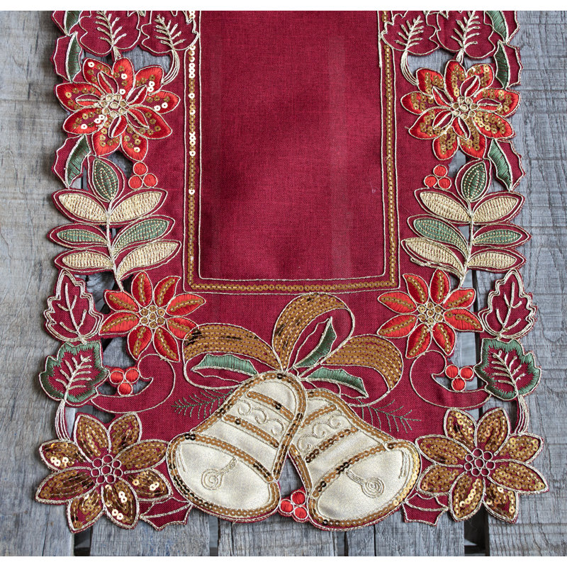 Chemin de table à paillettes dorées et cloches de Noël sur fond rouge, 14 x 90 pouces (35,5 x 229 cm), 14 x 90