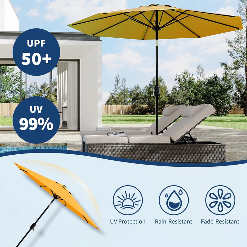 Parasol de marché rond de 9 pi, imperméable et protection contre les rayons UV avec manivelle et inclinaison, jaune, Yellow