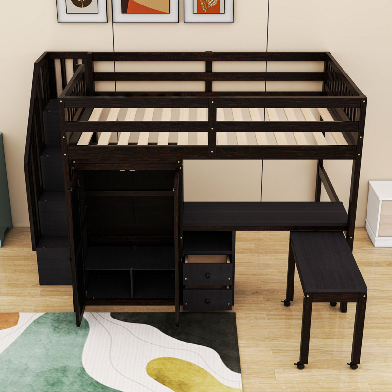 Lit mezzanine à deux tiroirs avec bureau intégré, tablettes de rangement et garde-robe, Double, Espresso