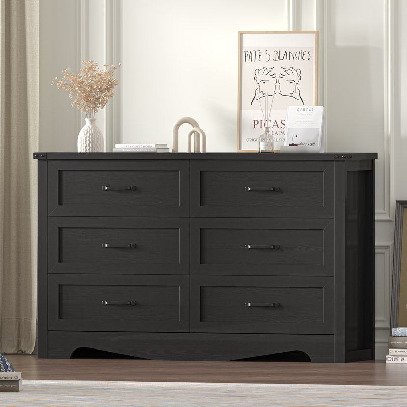 Jennievieb 6 - Drawer Dresser 47.24'' Wooden Chest Of Drawers Black With Metal Handle, Black