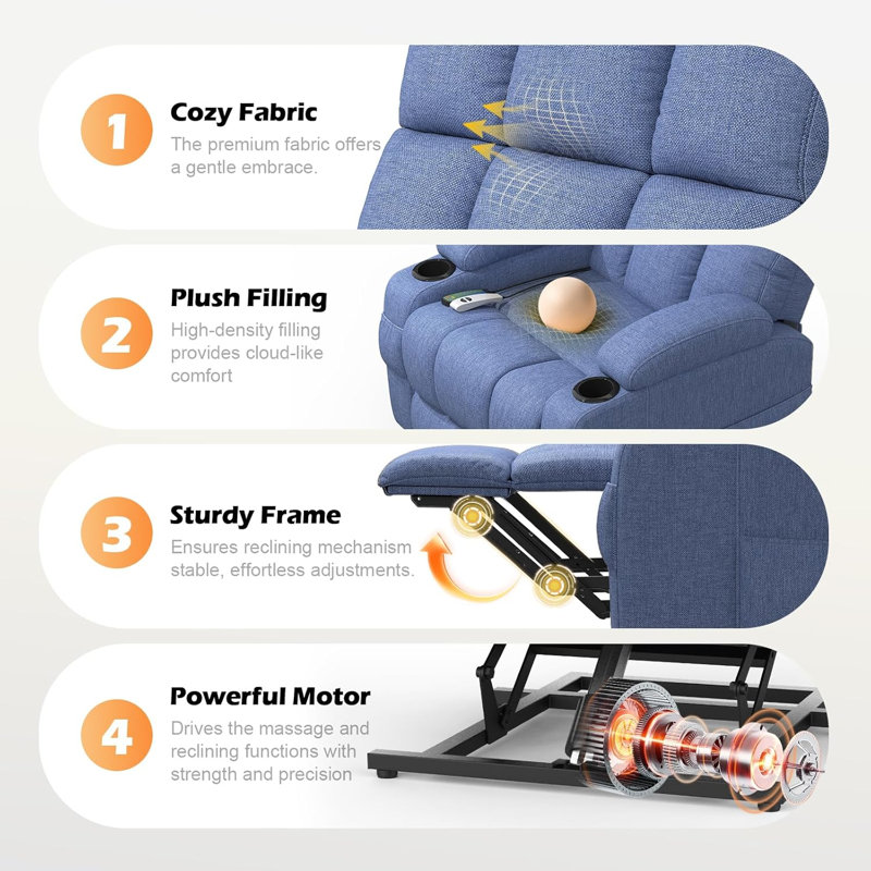 81cm Wide Lift Assist Home Theatre Recliner with Massager, Blue