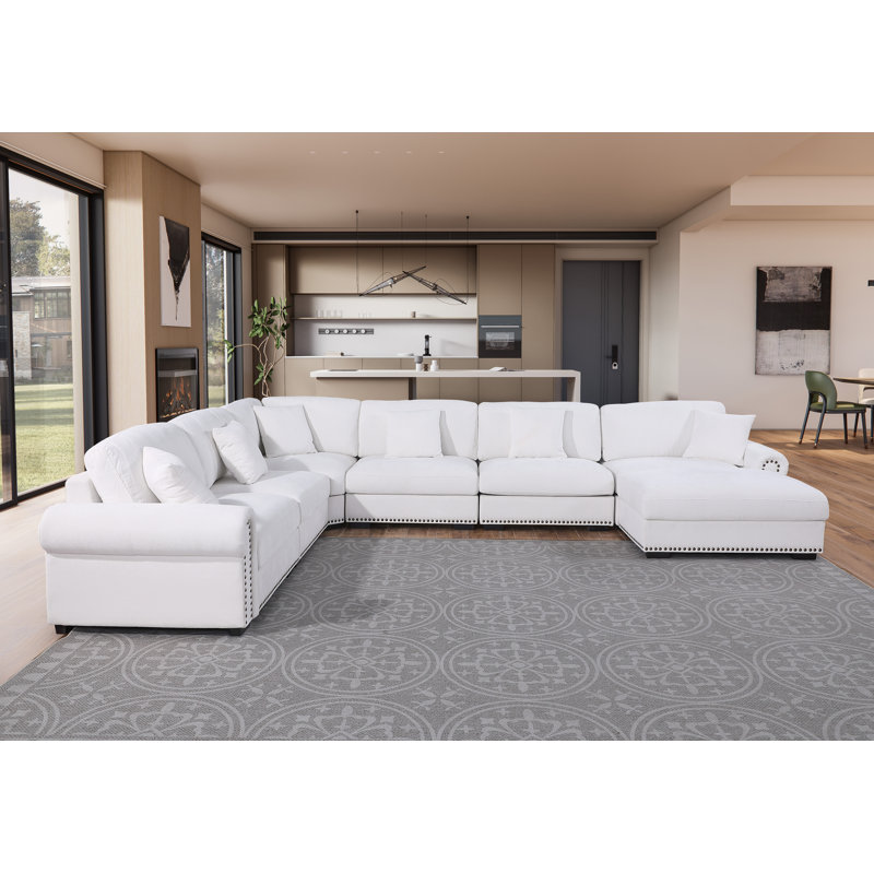 Canapé d'angle en tissu d'ameublement 7 places, Polyester blanc