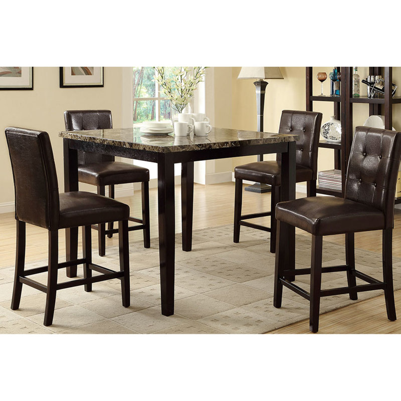 Table de salle à manger carrée brun foncé avec plateau en faux marbre et placage de bouleau