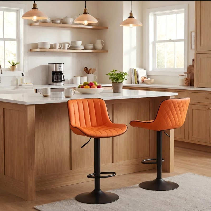 Brinitta Modern Swivel Adjustable Height Bar Stools, Leather Barstools Kitchen Island Counter Stool, Orange