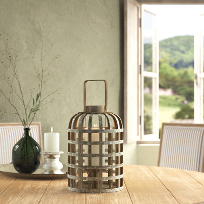 Lanterne décorative en bois et métal 22 po avec détails en bambou, porte-bougie de style cage pour le salon