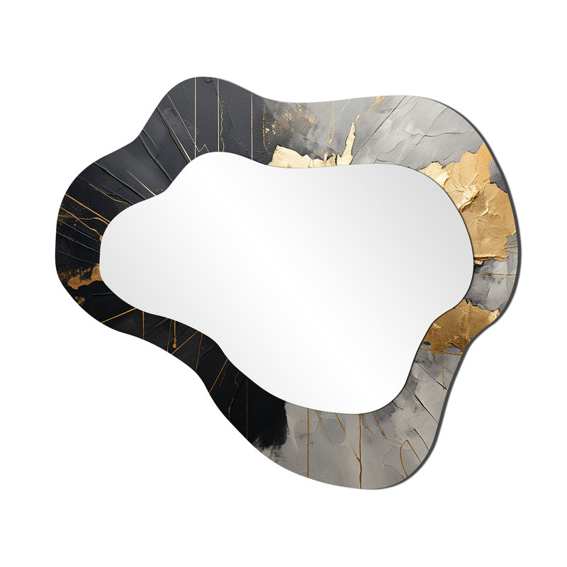 Vasanth Black And Gold Abstract Meditation I - Abstract Painting Asymmetrical Unique Wall Mirror, Modern Cloud Mirror, Printed Metal Art