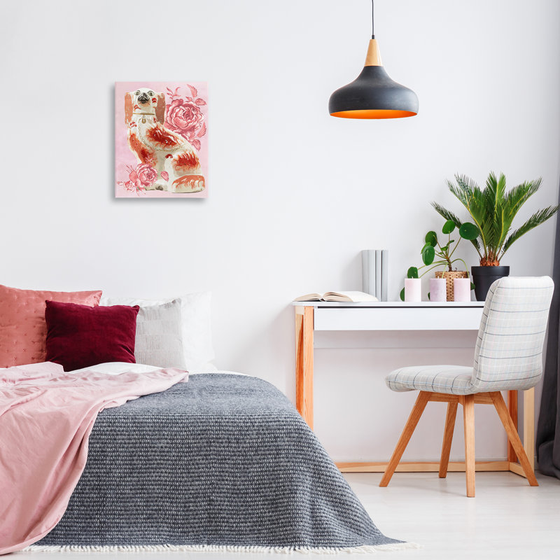 Art d'épagneul antique sur toile rose, par Lil 'Rue, H 20 po x l 16 po