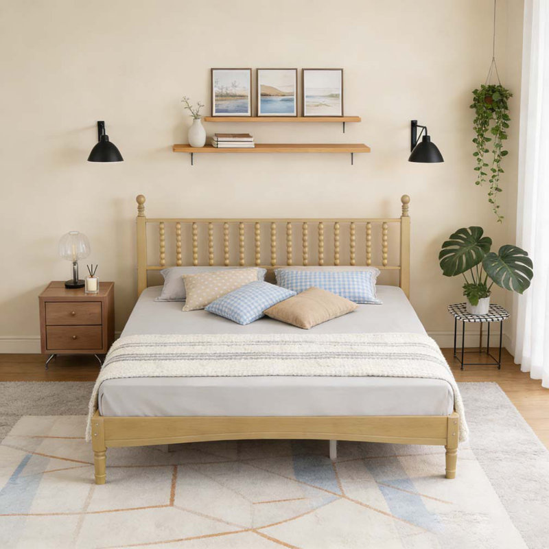 Lit plateforme en bois avec tête de lit en forme de gourde, Très grand lit