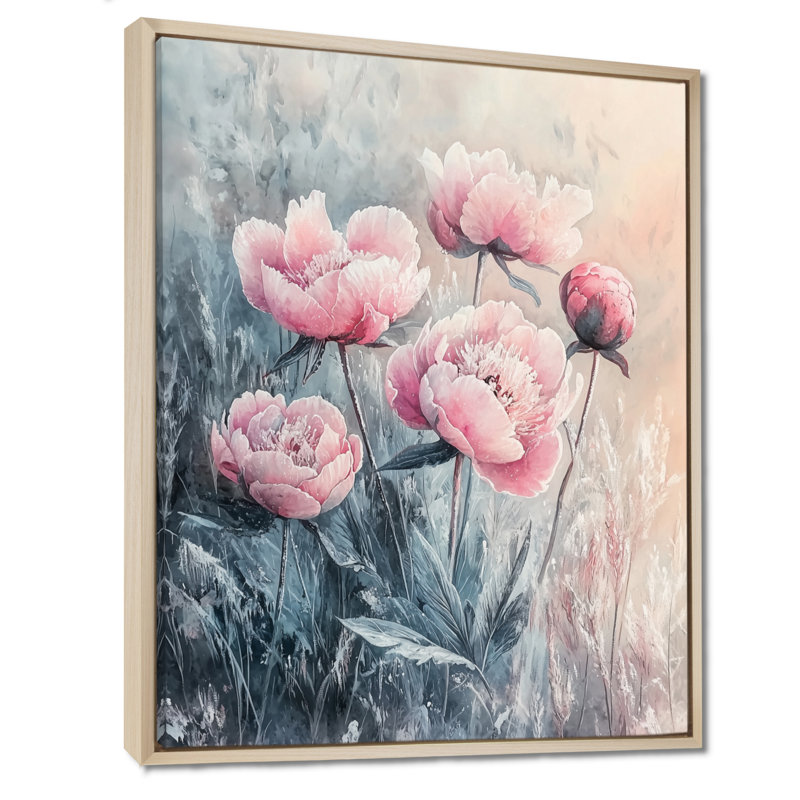 «Frosty Field Peony Elegance I», art mural sur toile, H 20 po x l 12 po, Reproduction avec cadre flottant, Crème, crème