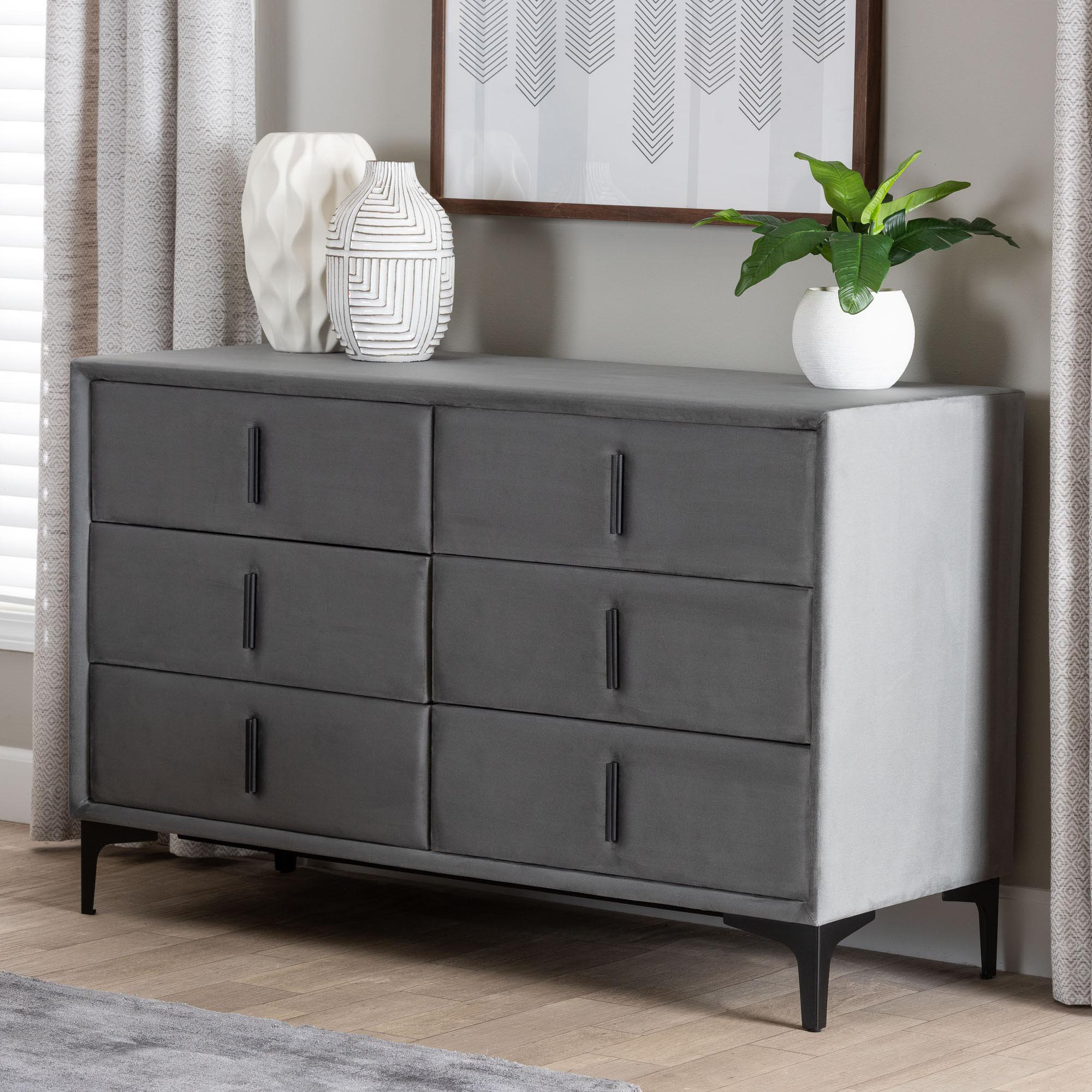 Oliver Baxton Studio Etienne Modern Slate Grey Velvet 6Drawer