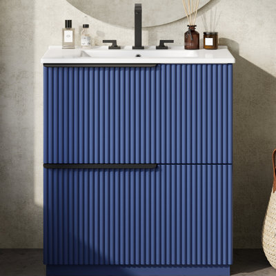 Meuble-lavabo de 30 po avec finition bleue, deux tiroirs, mécanisme de fermeture en douceur et lavabo de séparation en céramique