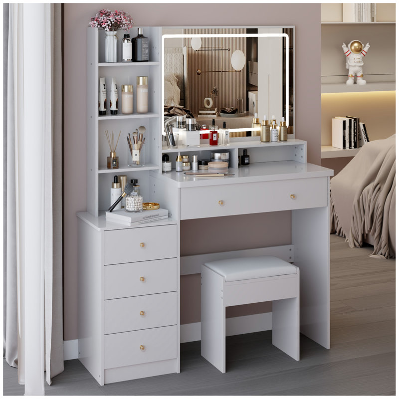 41" Large Size Left Bedside Cabinet Vanity Table+Cushioned Stool, Extra Large Touch Control LED Mirror, 3-colour Switch, Multi Layer High Capacity Storage Fashionable Dresser, Suitable For Large Space