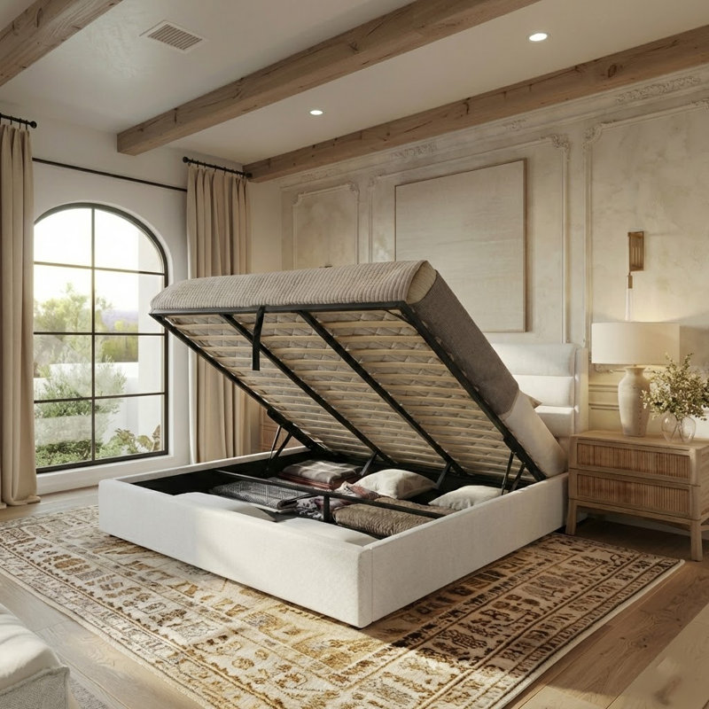 Structure de lit pour tête de lit à 3 panneaux en lin avec rangement relevable, sans sommier tapissier, ivoire, Très grand