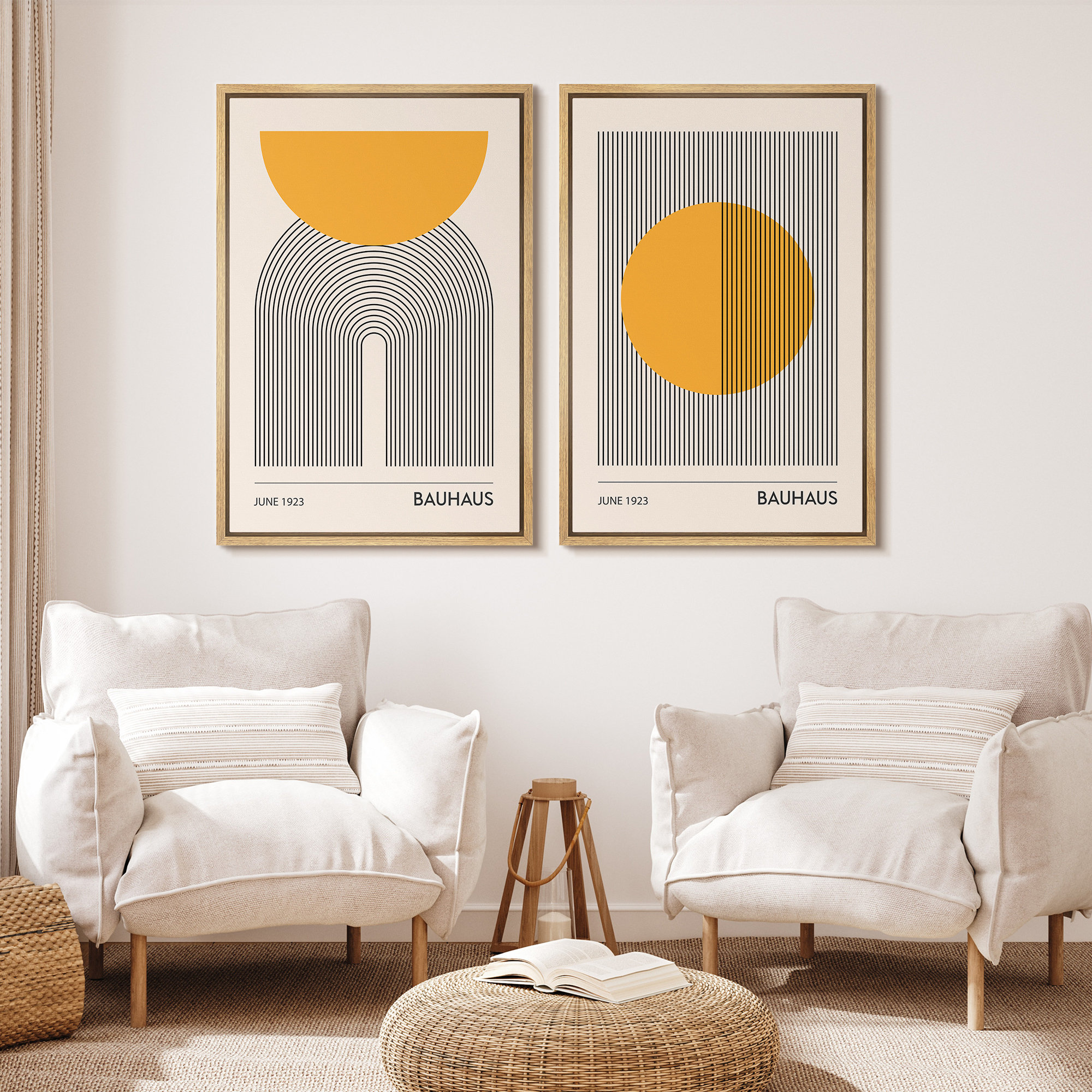 Mid Century Modern Boho Bauhaus Solar Sun Abstract Art Decor Framed On Canvas 2 Pieces Print, 24" H x 32" W