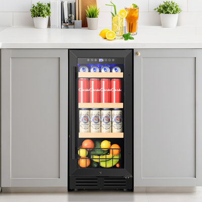 15" Black Beverage Refrigerator 130 Can Built-In/Freestanding Beer Cooler Fridge With Basket And Reversible Hinge