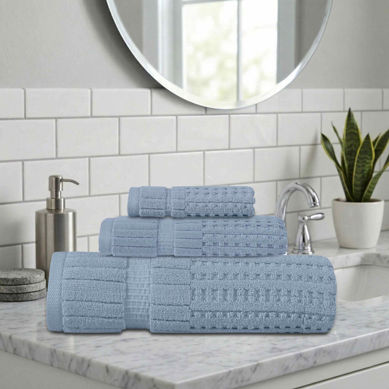 Willow 3 Pieces Towel Set – 100% Combed Cotton, Premium Quality 630 GSM, Blue, Ultra-Soft & Highly Absorbent (1 Bath, 1 Hand, 1 Wash Towels set)