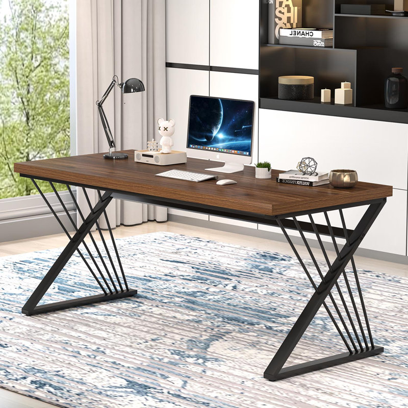 Cheryel Modern Wood and Metal Computer Desk, Walnut/Black, 29.53" H x 60" W x 23.62" D