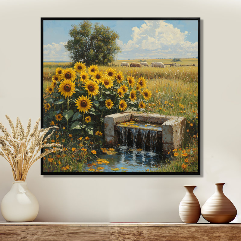 Donjay tournesols près de l'eau Trough I - tournesols, art mural, Impression encadrée flottante, Noir, noir, noir, noir