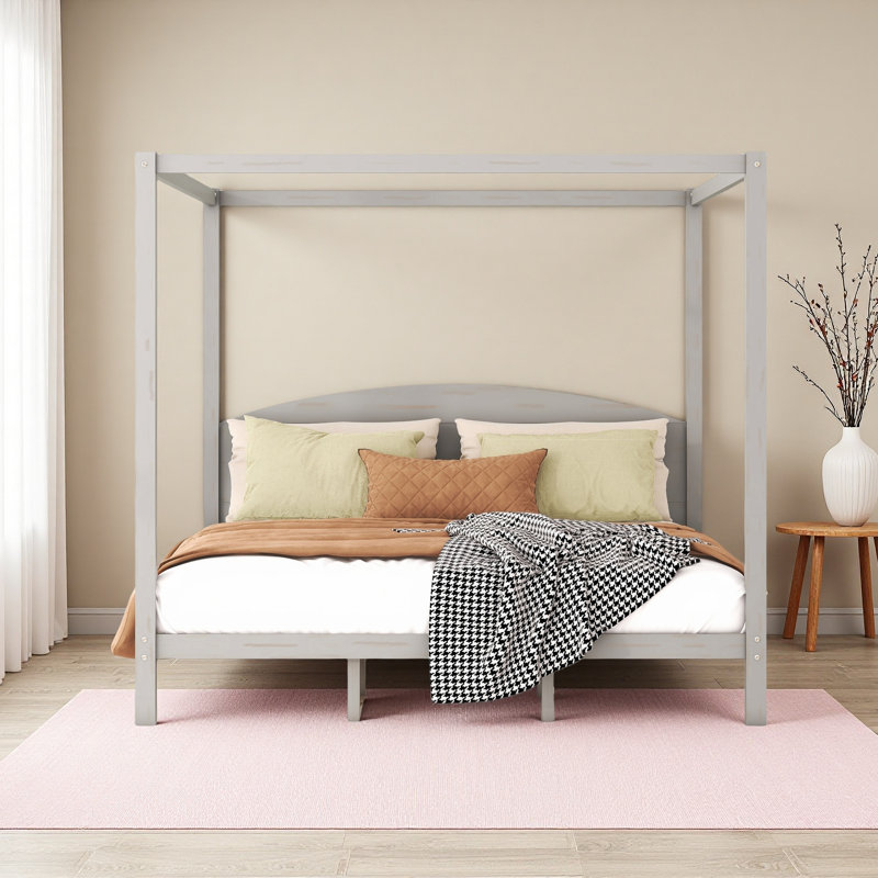 Très grand lit plateforme à baldaquin avec tête de lit et pieds de support, Gris délavé