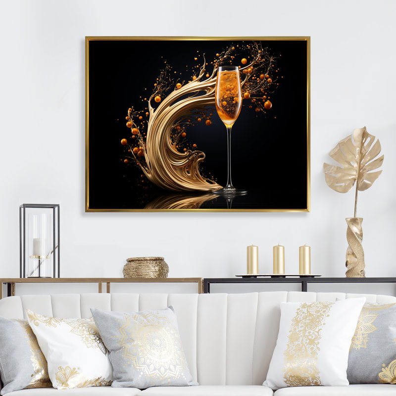 Champagne Spiral Glass Gold Splash - Champagne, art mural, Cadre d'angle fermé noir, H 30 po x l 40 po x P 1,5 po