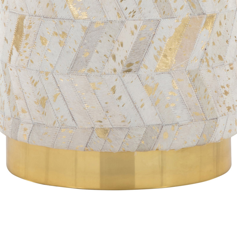 Leather Ottoman In Gold Metal And Ivory Leather With Gold Splatter