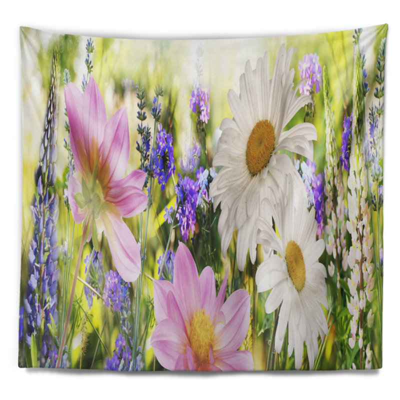 Terrain floral sauvage à coucher de soleil tapisserie, H 68 po x l 80 po