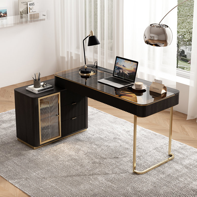 Dibora Glass Excutive Desk with Built in Outlets Very easy to assemble, 29.5" H x 50" W x 23" D, Black Brown/Gold